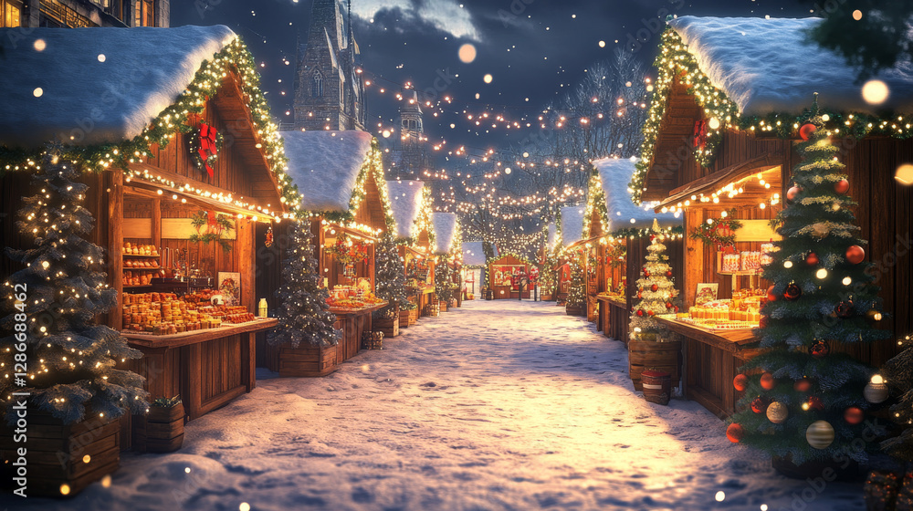 Obraz premium Christmas market stalls, street fair wooden booths decorated with fir-tree branches, bows and lighting garlands. Winter kiosks with traditional sweets and gifts for sale, Cartoon vector illustration