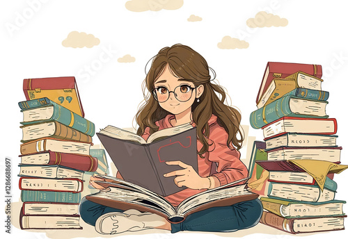 a woman or girl reading books, surrounded with books