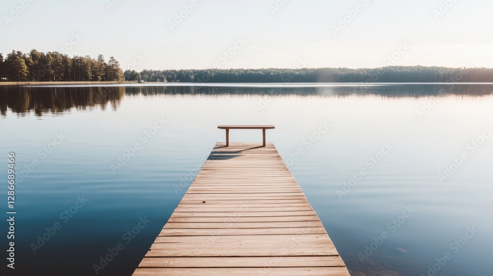 Experience tranquility and simplicity on a wooden pier overlooking a serene lake during a calm afternoon Experience tranquility and simplicity on a wooden pier overlooking a serene lake during a calm afternoon