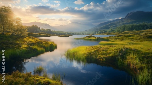 A beautiful landscape with a lake and mountains in the background. The sky is cloudy and the sun is setting