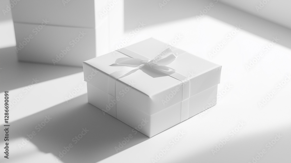 Elegant white gift box with ribbon in soft natural lighting Elegant white gift box with ribbon in soft natural lighting
