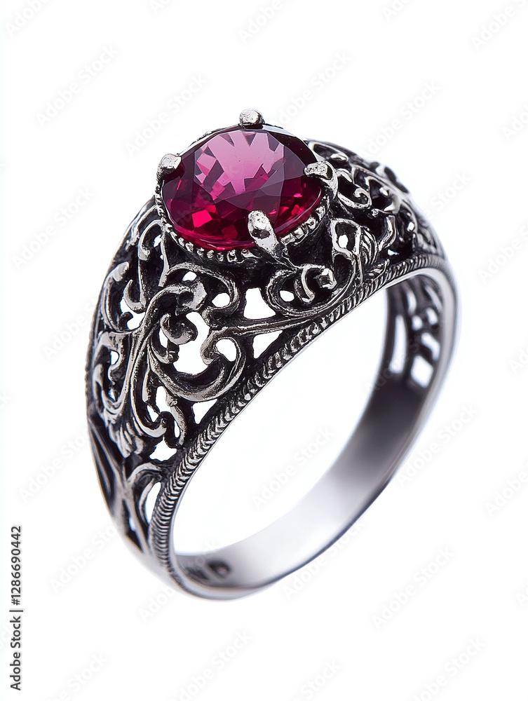 Fototapeta premium Silver filigrane ruby ring isolated on a white background, jewelry.