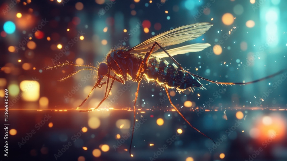Close-up of a Mosquito with Sparkling Background and Colorful Bokeh Effects at Night Close-up of a Mosquito with Sparkling Background and Colorful Bokeh Effects at Night