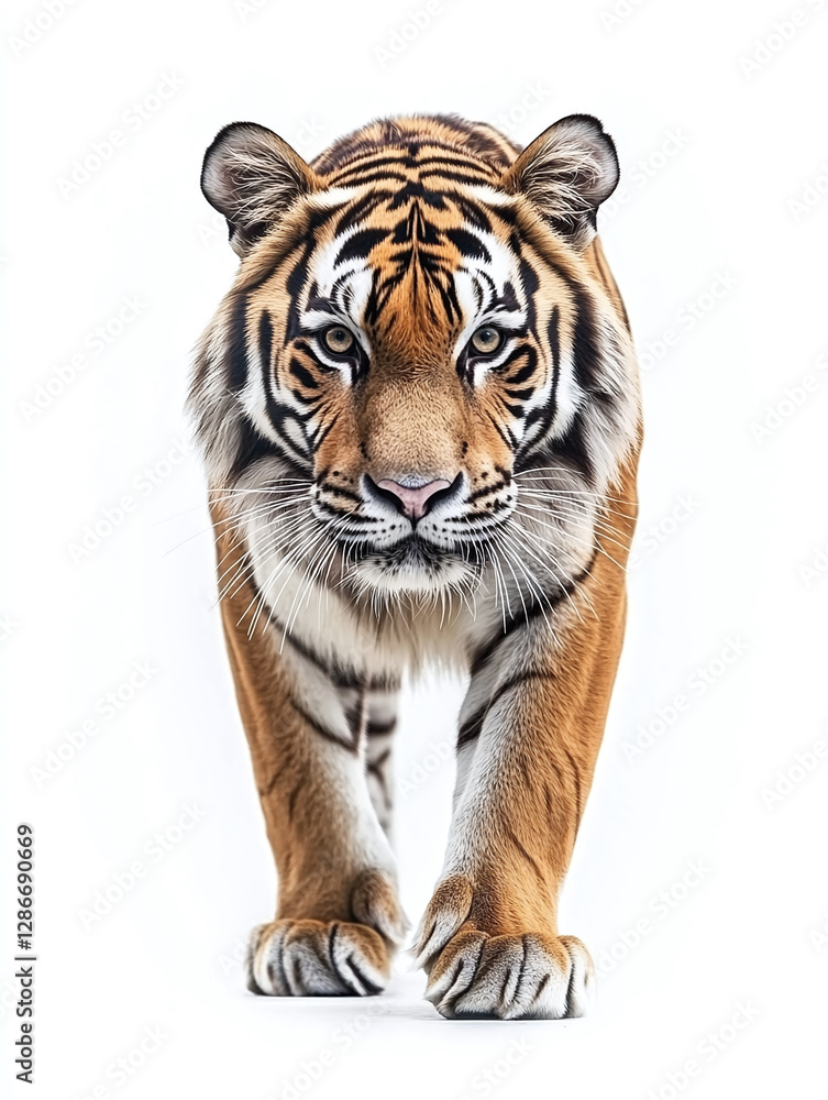 Fototapeta premium Standing bengal white tiger isolated on a white background, animal.