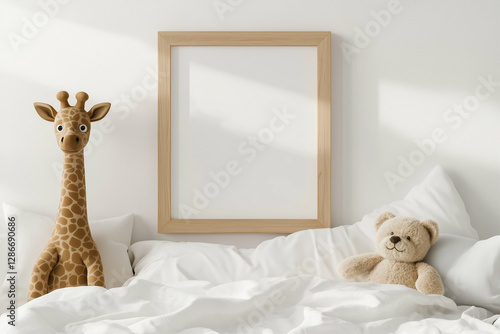 Toy giraffe and teddy bear on the bed with picture frame. Children's room decor with stuffed animals. Giraffe toy and teddy bear in the bedroom photo