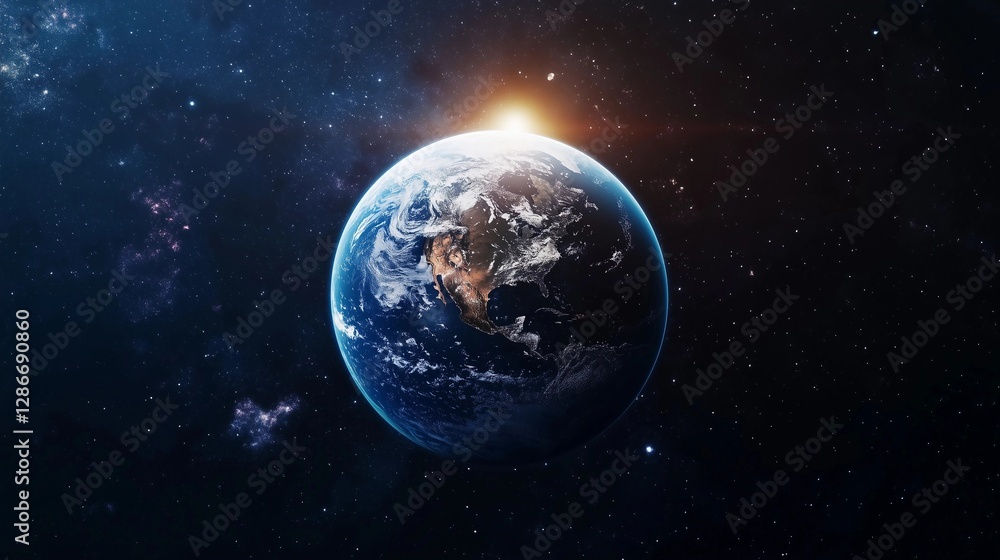 Fototapeta premium A blue and white planet with a sun in the sky. The planet is surrounded by stars and the sky is dark