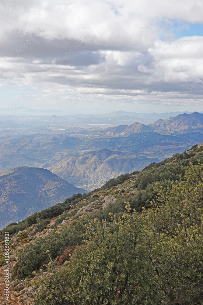 Naklejka premium The panorama opening from the pick Puig Camapan in the direction of Benidorm and sea, Spain 