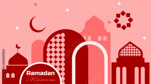 Banner design | Islamic background with pattern shape | Elegant vector background with moon, star, lamp for greeting,  ramadan, occation, invitation with cerise colour