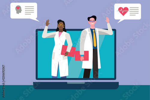 Doctors waving from laptop screen providing online medical consultation