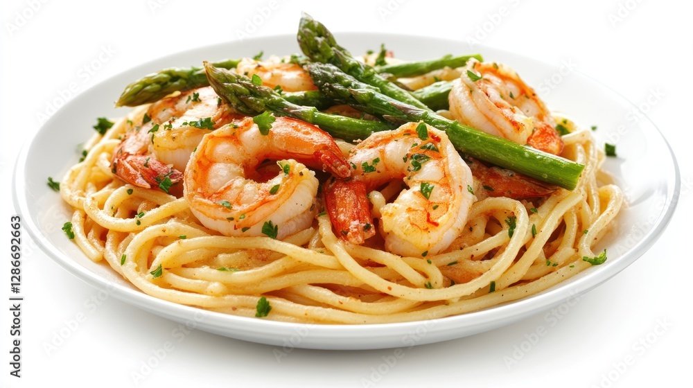 Delightful plate of spaghetti with shrimps and fresh asparagus Delightful plate of spaghetti with shrimps and fresh asparagus