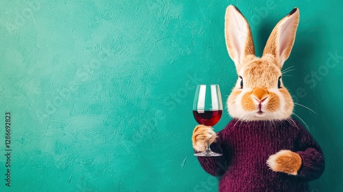 A whimsical rabbit in a sweater holds a glass of red wine against a vibrant green background, Easter