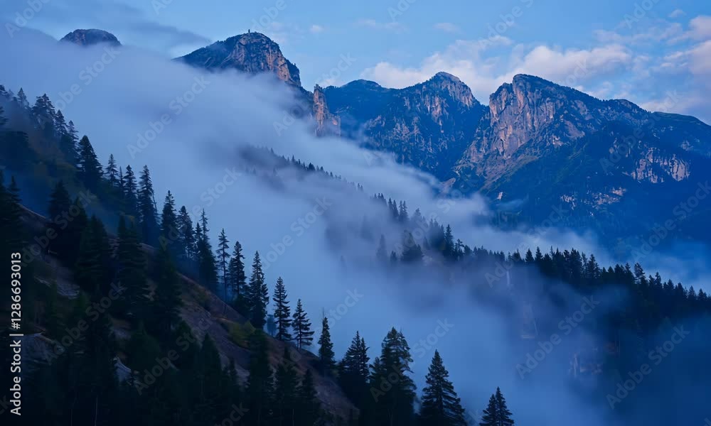 Fog Rolling Through Mountain Forest at Dusk Creating a Dreamy Scene Fog Rolling Through Mountain Forest at Dusk Creating a Dreamy Scene