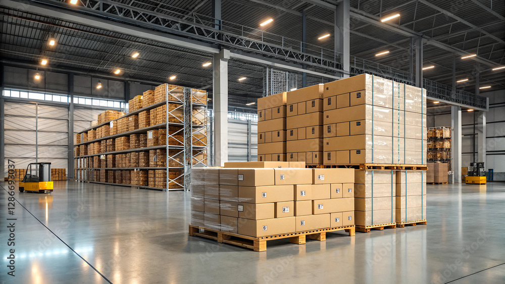 Large Industrial Warehouse with Stacked Cardboard Boxes & Pallets Large Industrial Warehouse with Stacked Cardboard Boxes & Pallets
