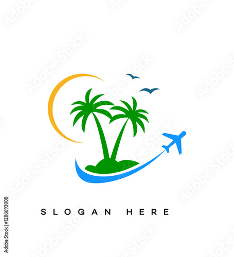 Tropical Island Getaway Airplane, Palms, Sun, Beach Vacation Logo