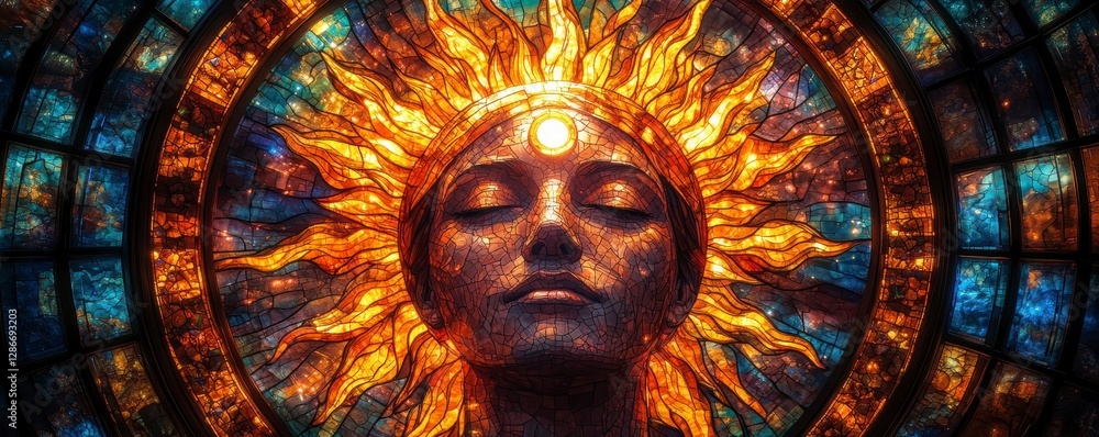 A stunning stained glass window depicting a serene figure with a radiant sun-like halo, blending warm golds and cool blues in a captivating design. A stunning stained glass window depicting a serene figure with a radiant sun-like halo, blending warm golds and cool blues in a captivating design.