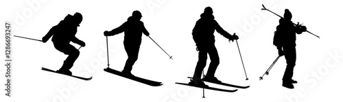 Set of silhouette of skier, skiing - vector illustration	