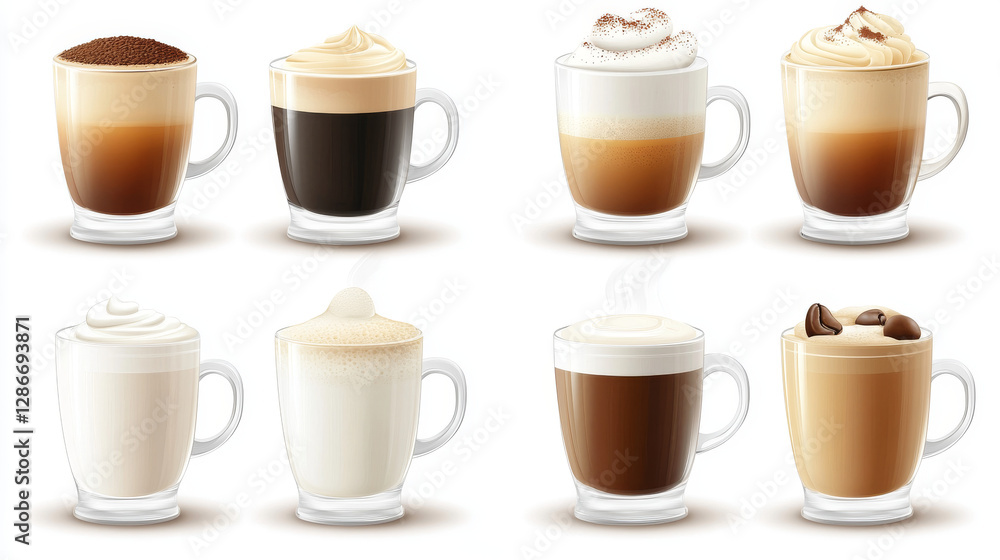 Coffee cup mockups set isolated on background. Vector realistic illustration of latte, espresso, cappuccino, tea and hot chocolate to-go with milky froth on surface, cafe menu icons top and side view Coffee cup mockups set isolated on background. Vector realistic illustration of latte, espresso, cappuccino, tea and hot chocolate to-go with milky froth on surface, cafe menu icons top and side view
