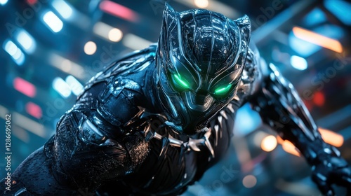 A striking portrayal of a black panther character in full action, showcasing a dramatic stance with glowing green eyes amidst a futuristic environment filled with energy.