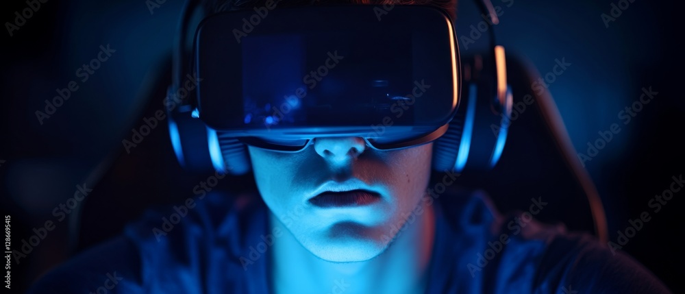 A young person immersed in virtual reality, their VR headset glowing softly in the dark room, symbolizes future tech and immersion. A young person immersed in virtual reality, their VR headset glowing softly in the dark room, symbolizes future tech and immersion.