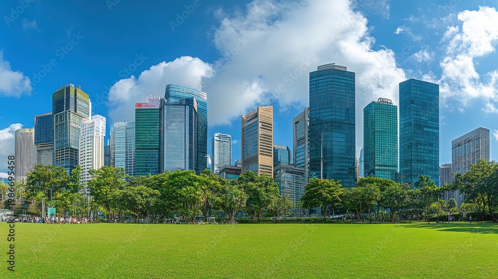 Obraz premium Stunning Skyline of Modern Urban Architecture with Lush Green Park in City Center