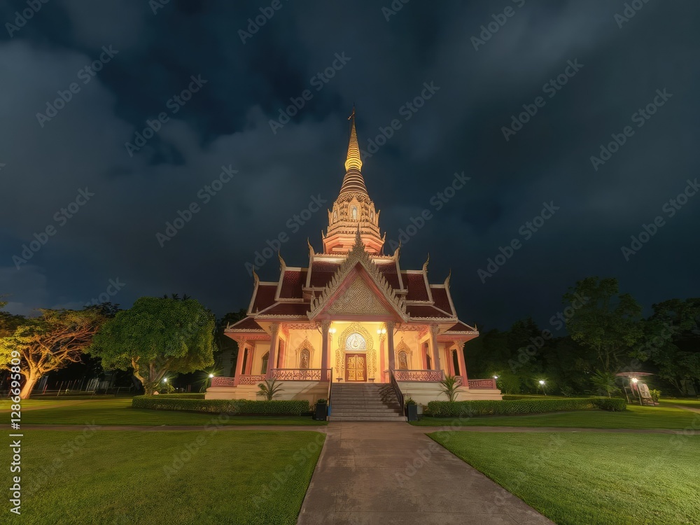 Naklejka premium Wat Pa Phu Kon, a serene Buddhist temple located in Udon Thani, Thailand, illuminated by the glow of moving clouds in the night sky, night sky, Thailand, Udon Thani