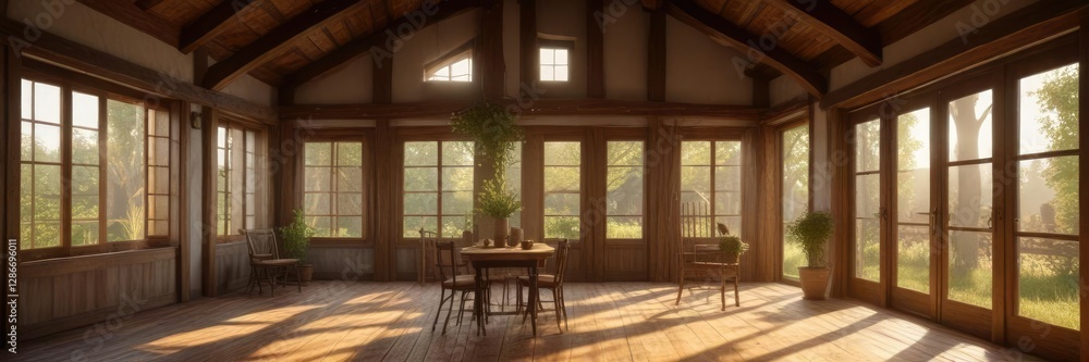 Fototapeta premium Warm sunbeams illuminate the wooden beams of a charming farmhouse, farmhouse charm, wooden beams, inviting entrance