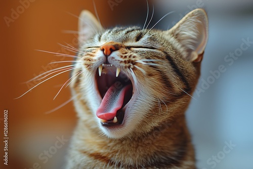 Cute Tabby Cat Yawning in a Cozy Home Setting During the Afternoon Light
