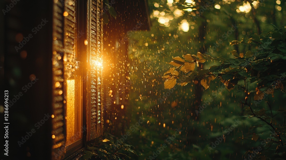 Obraz premium Soft Morning Drizzle on Wooded Cottage