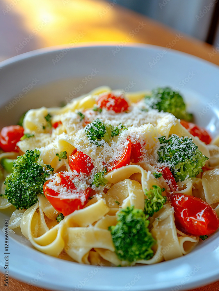 Fettuccine Pasta with Broccoli, Cherry Tomatoes, and Parmesan Cheese - AI Generated Fettuccine Pasta with Broccoli, Cherry Tomatoes, and Parmesan Cheese - AI Generated