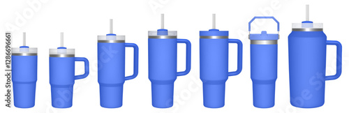 Thermo cup with handle and straw. 14, 30, 40, 64 oz. Travel thermos. Set of blue mugs. Tumbler or quencher	