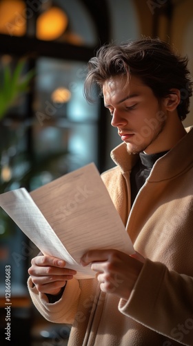 Young Man Reads Document in Cozy Caf During Afternoon Light