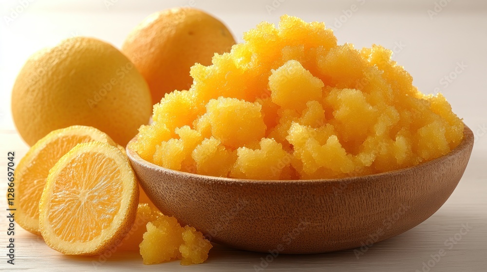 Orange citrus fruit pulp in wooden bowl on white surface Orange citrus fruit pulp in wooden bowl on white surface