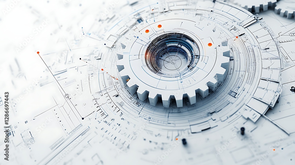 Metallic Gear on Circuit Board, A metallic gear placed on a complex circuit board with intricate pathways and components Metallic Gear on Circuit Board, A metallic gear placed on a complex circuit board with intricate pathways and components