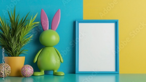 Adorable green bunny sitting next to a bright blue frame in a playful and charming indoor setting