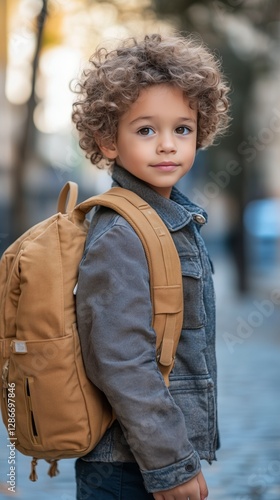 Young Child With Curly Hair Walks Through City Street Carrying a Backpack in ...
