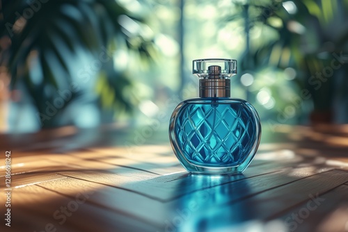 Elegant Blue Perfume Bottle Displayed on Wooden Table With Sunlight Filtering...