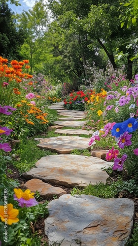 Brightly Colored Flowers Line a Stone Pathway Through a Vibrant Garden Full o...