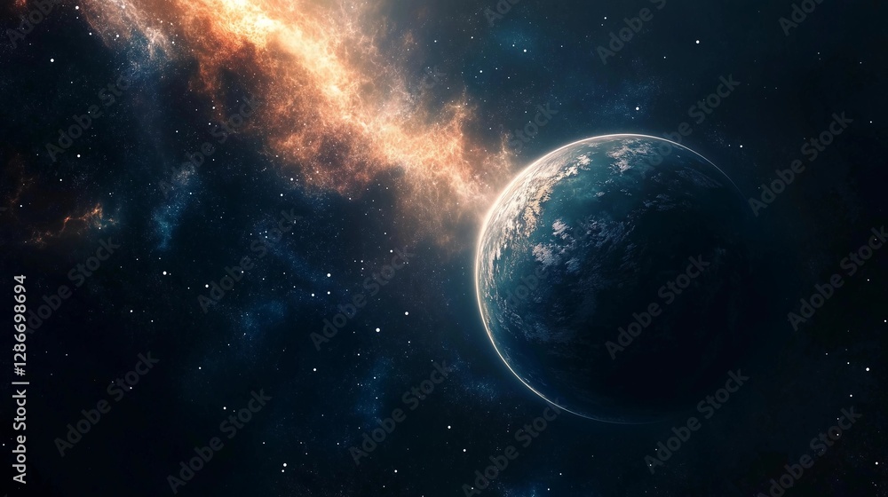 Fototapeta premium A planet is shown in the middle of a dark sky with a bright orange streak behind it. The planet is surrounded by a lot of stars and the sky is filled with them