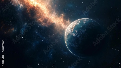 A planet is shown in the middle of a dark sky with a bright orange streak behind it. The planet is surrounded by a lot of stars and the sky is filled with them
