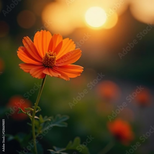 Solitary orange blossom in a garden at sunset, flower, solitary