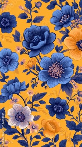 Beautiful Floral Pattern With Blue and Purple Flowers on Yellow Background