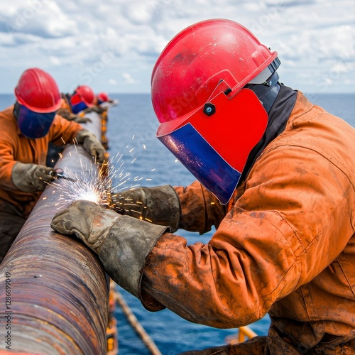 Man wearing hard hat and protective gear while welding a pipe in an industrial environment with bright sparks and focus photo