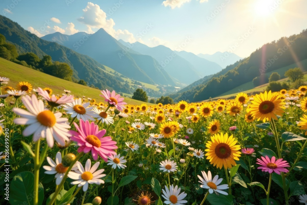Fototapeta premium Pink and white flowers swaying gently above a potato crop in a sunlit dolomite valley, rustic hills, sunflowers, daisies