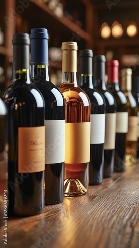 Selection of Various Wine Bottles on Display in a Well-Lit Bar at Evening Time