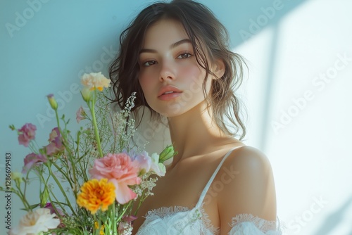 Young Woman Holding a Bouquet of Colorful Flowers in a Softly Lit Indoor Setting