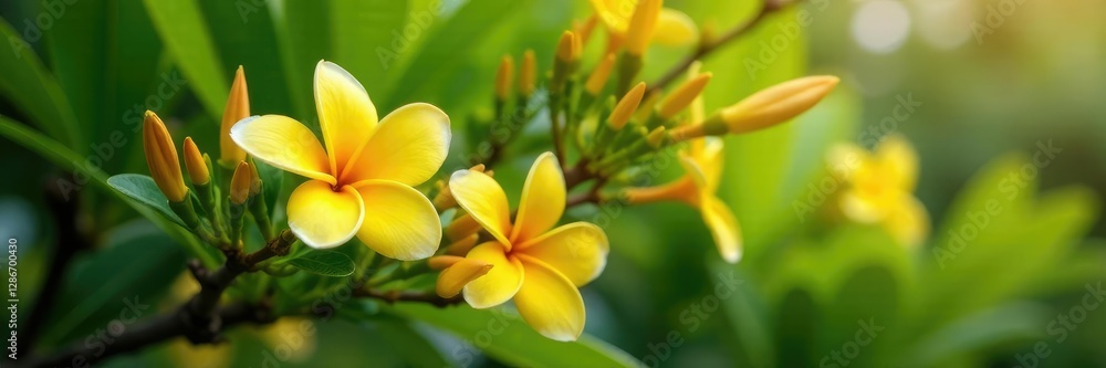 Fototapeta premium Blooming yellow frangipani tree with lush foliage and branches, greenery, foliage, plumeria