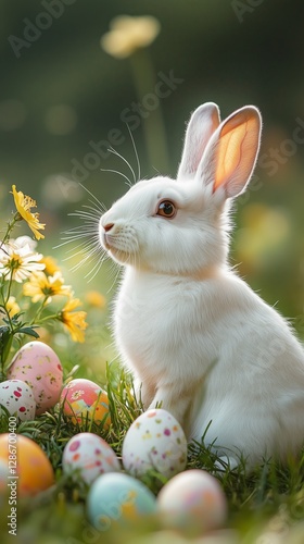 Cute White Bunny Sitting Among Colorful Easter Eggs and Flowers in a Garden S...