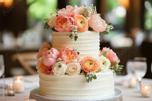Elegant Wedding Cake Adorned With Fresh Flowers in a Stylish Venue
