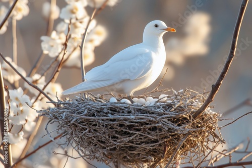 White Bird Nesting With Eggs Among Branches of Blossoming Flowers in Early Sp...