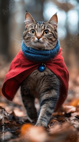 Cat in a Red Cape Walks Through Fallen Leaves in a Forest During Autumn After...